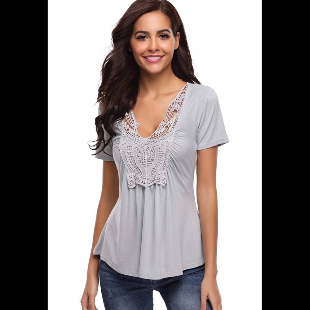Light Gray Short-Sleeve V-Neck Blouse